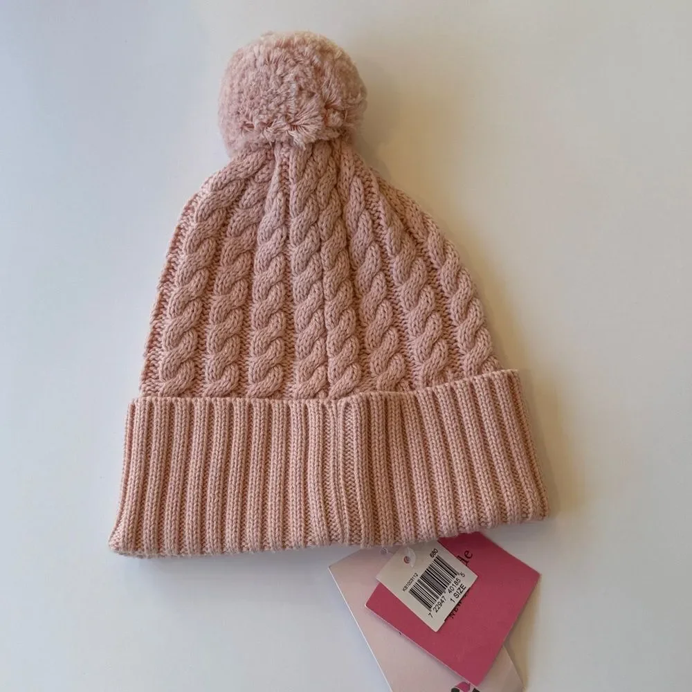 NWT KATE SPADE knit Pom Pom English Rose pink heart beanie winter hat cable os - Picture 2 of 6